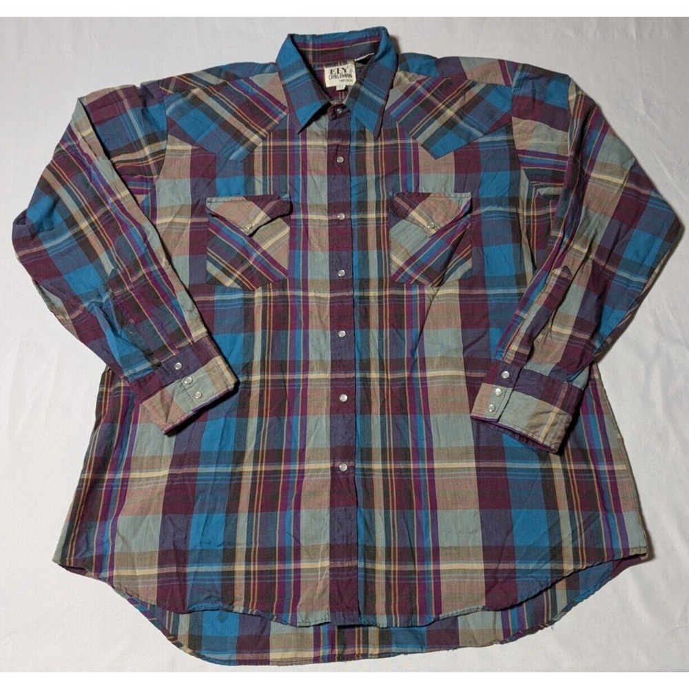 VTG ELY CATTLEMEN Men Size 17.5 33 Purple Blue Plaid Pearl Snap Western Shirt